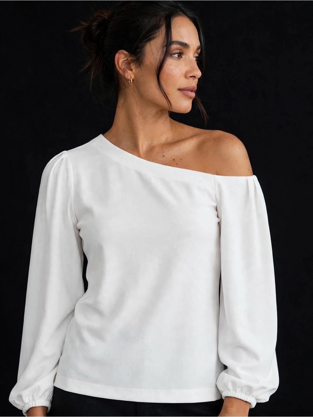 Banana Republic White Asymmetrical Off Shoulder Top Balloon Sleeve Pleated XL